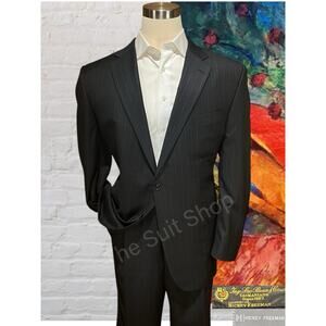 Ing Loro Piana Hickey Freeman Mens 48L 42x32 Black Gray Stripe Suit Super 150s